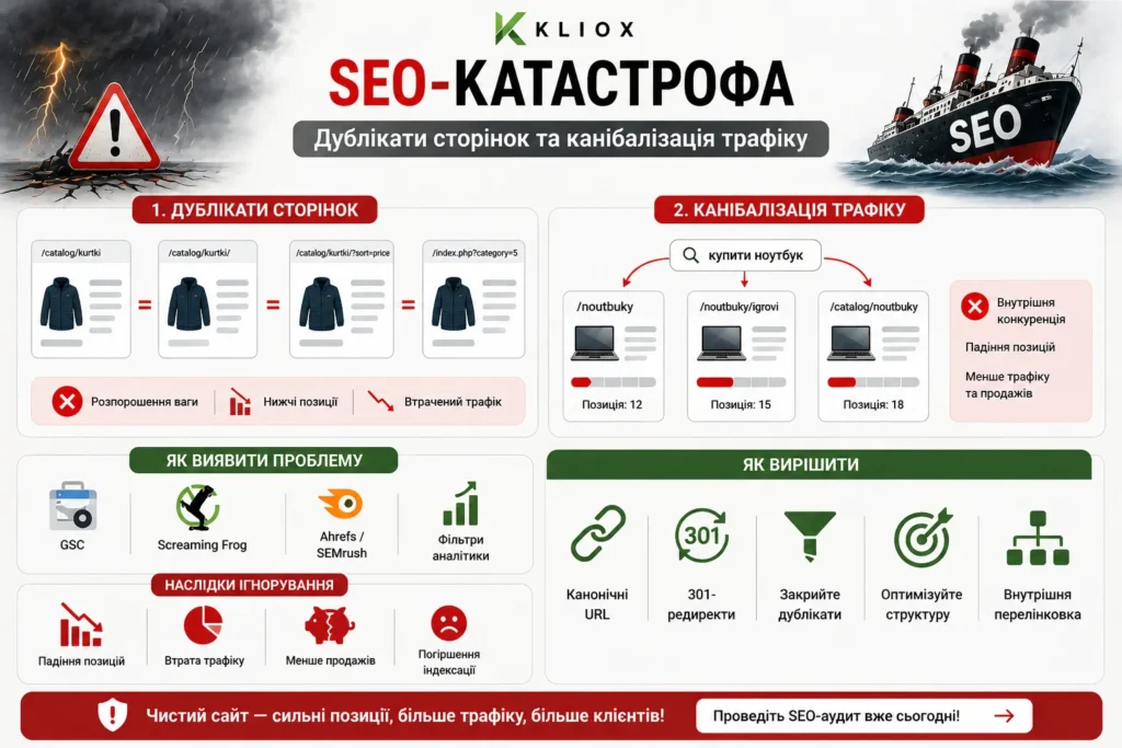 SEO-катастрофа: дублікати сторінок та канібалізація трафіку. Від професіоналів студії kliox