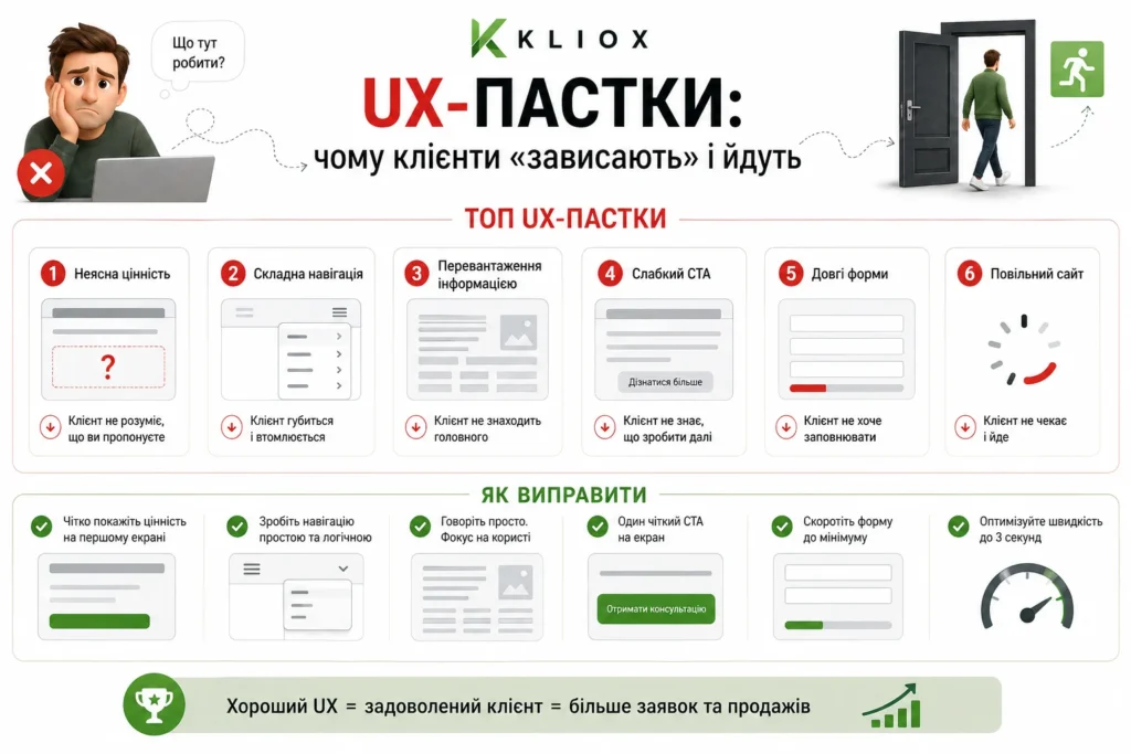 UX-пастки: чому клієнти зависають і йдуть. Від професіоналів студії kliox