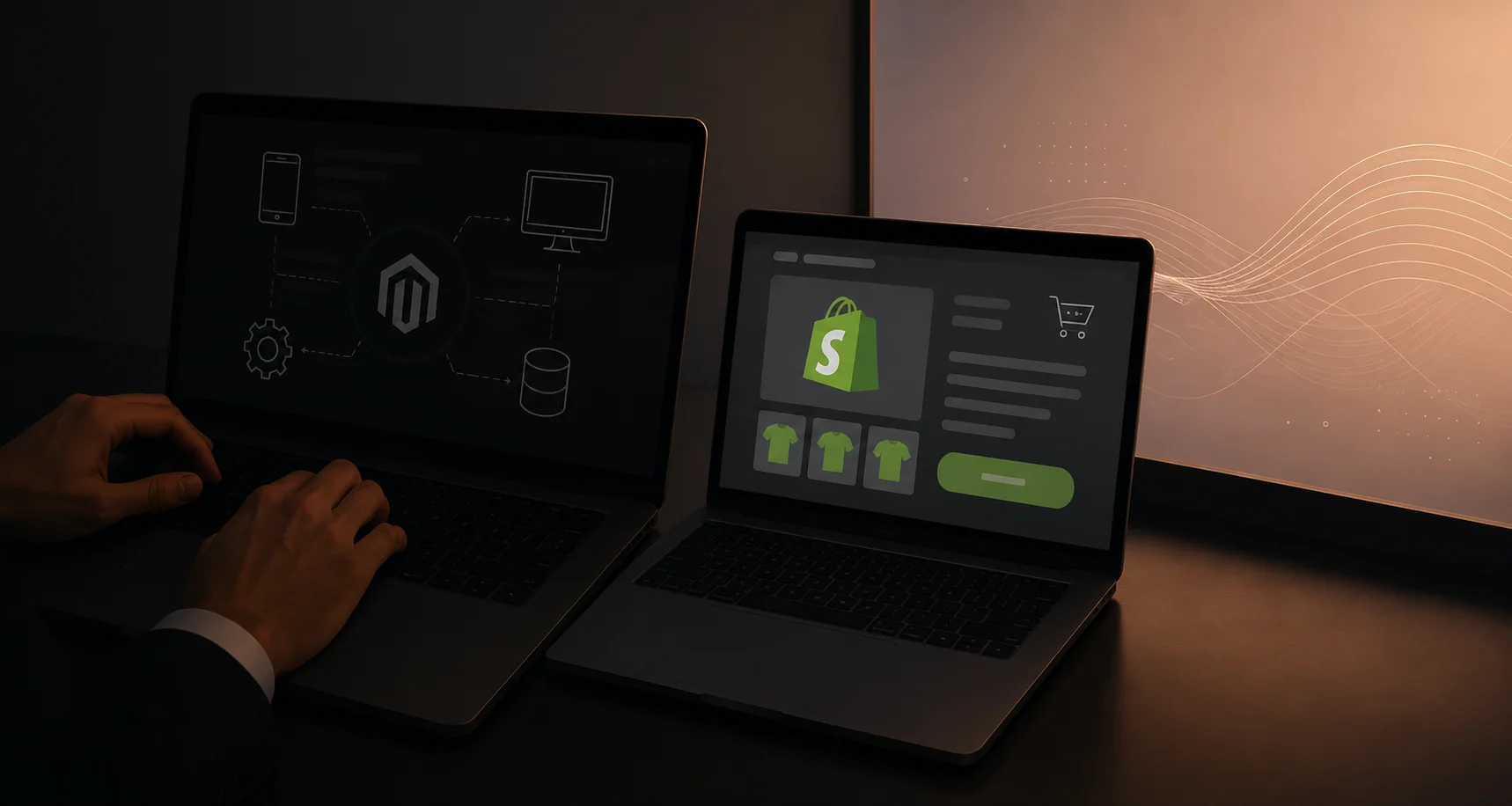 Кінематографічна ілюстрація порівняння Magento та Shopify для інтернет-магазину з затемненою технічною лівою стороною та світлішим ecommerce інтерфейсом справа