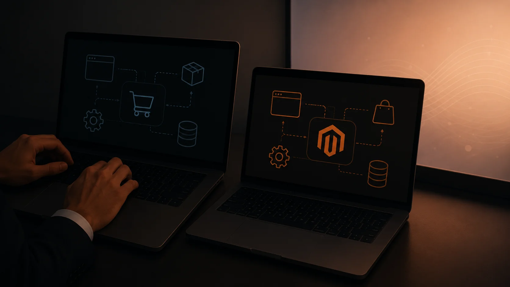 Кінематографічна ілюстрація порівняння OpenCart та Magento для інтернет-магазину з двома технічними інтерфейсами у темному стилі