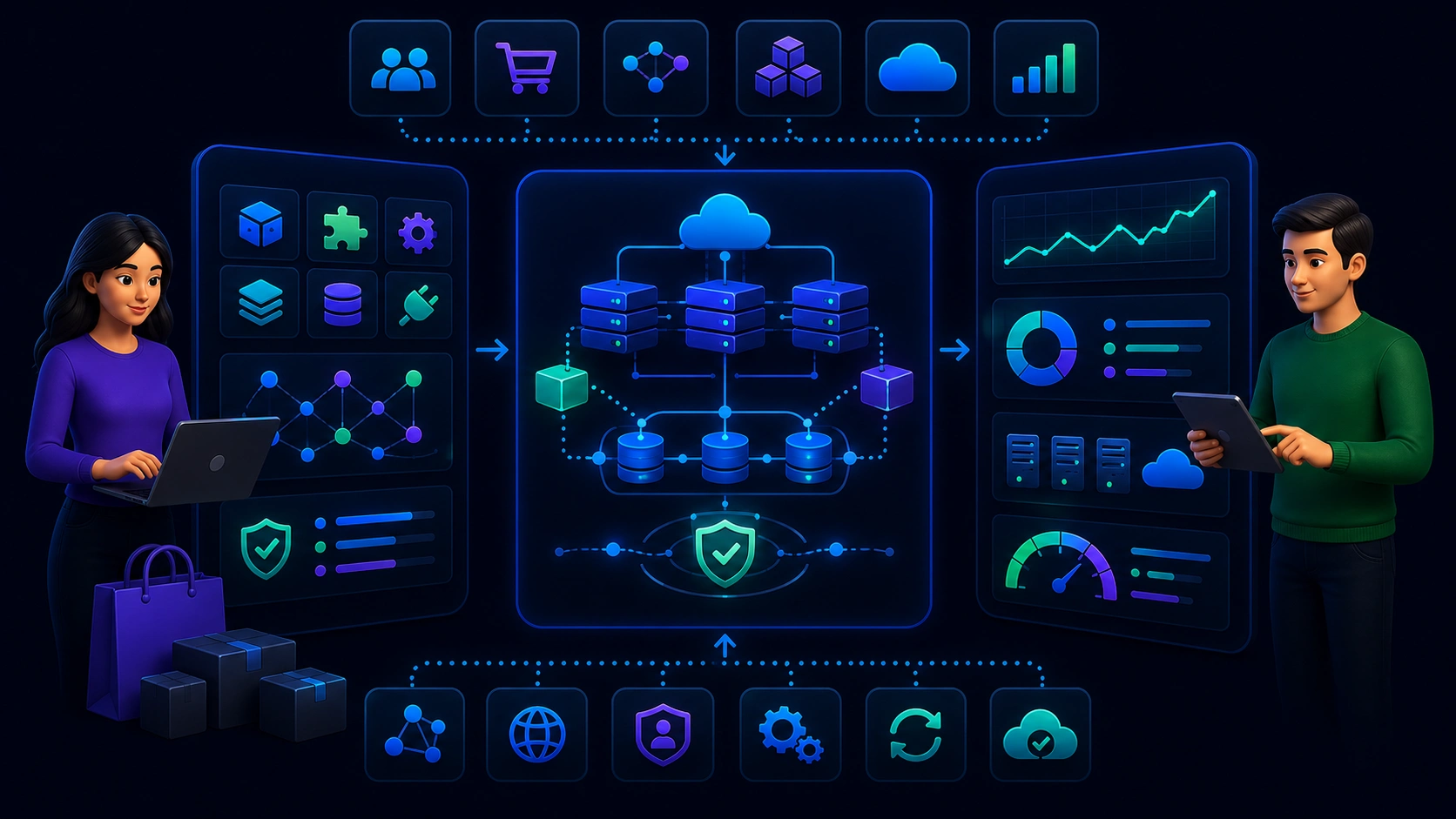 Иллюстрация выбора платформы для интернет-магазина: неоновый интерфейс со сравнением CMS, аналитикой и ключевыми критериями
