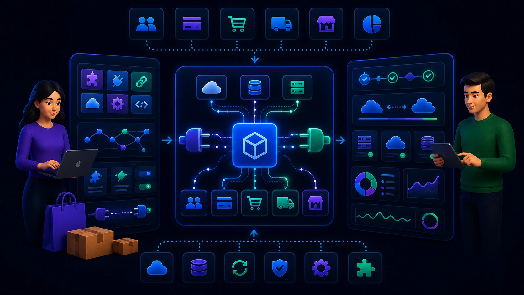 Иллюстрация выбора платформы для интернет-магазина: неоновый интерфейс со сравнением решений, функционалом, безопасностью и производительностью