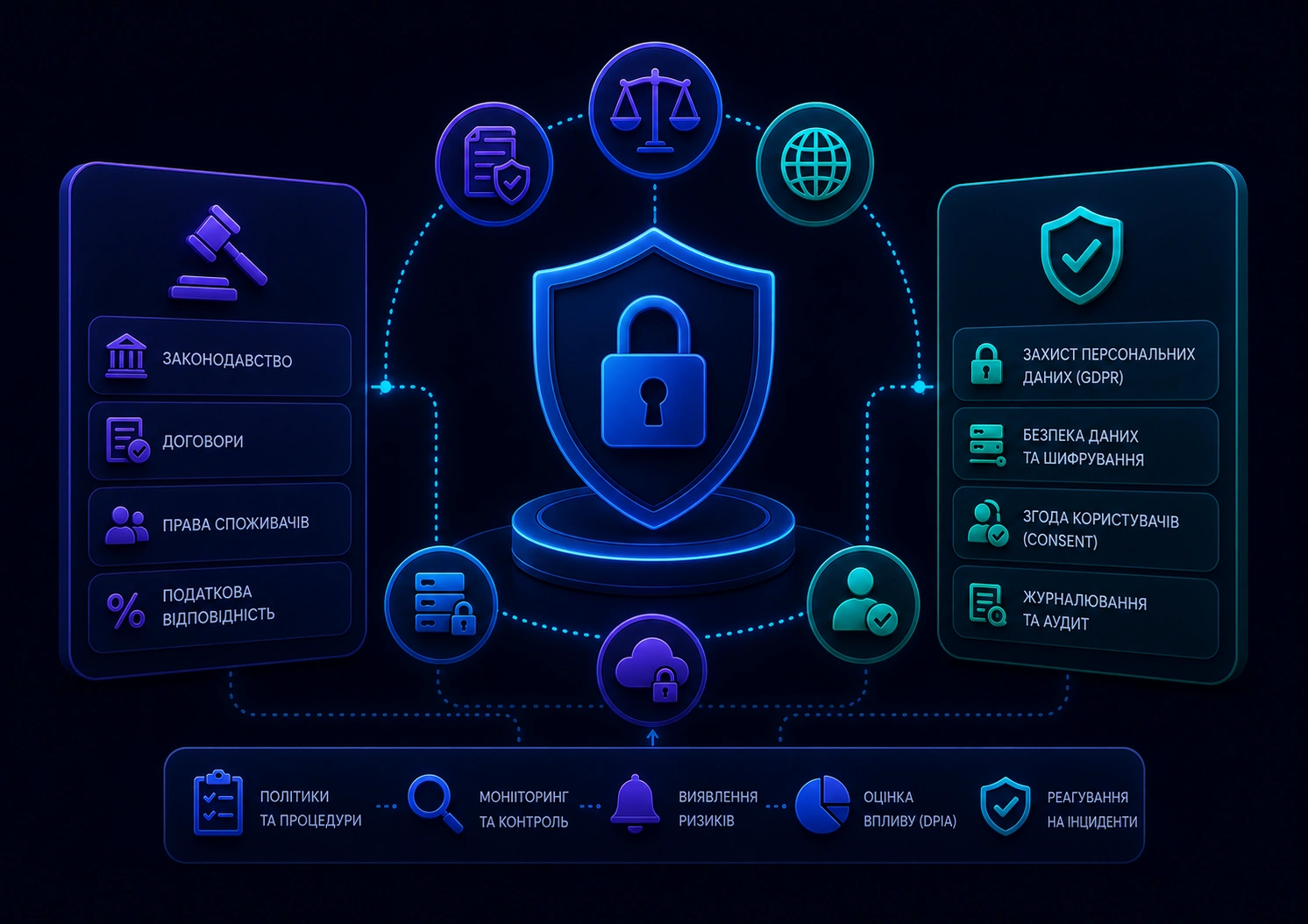 Иллюстрация выбора платформы для интернет-магазина: неоновый интерфейс со сравнением решений, функционалом, безопасностью и аналитикой