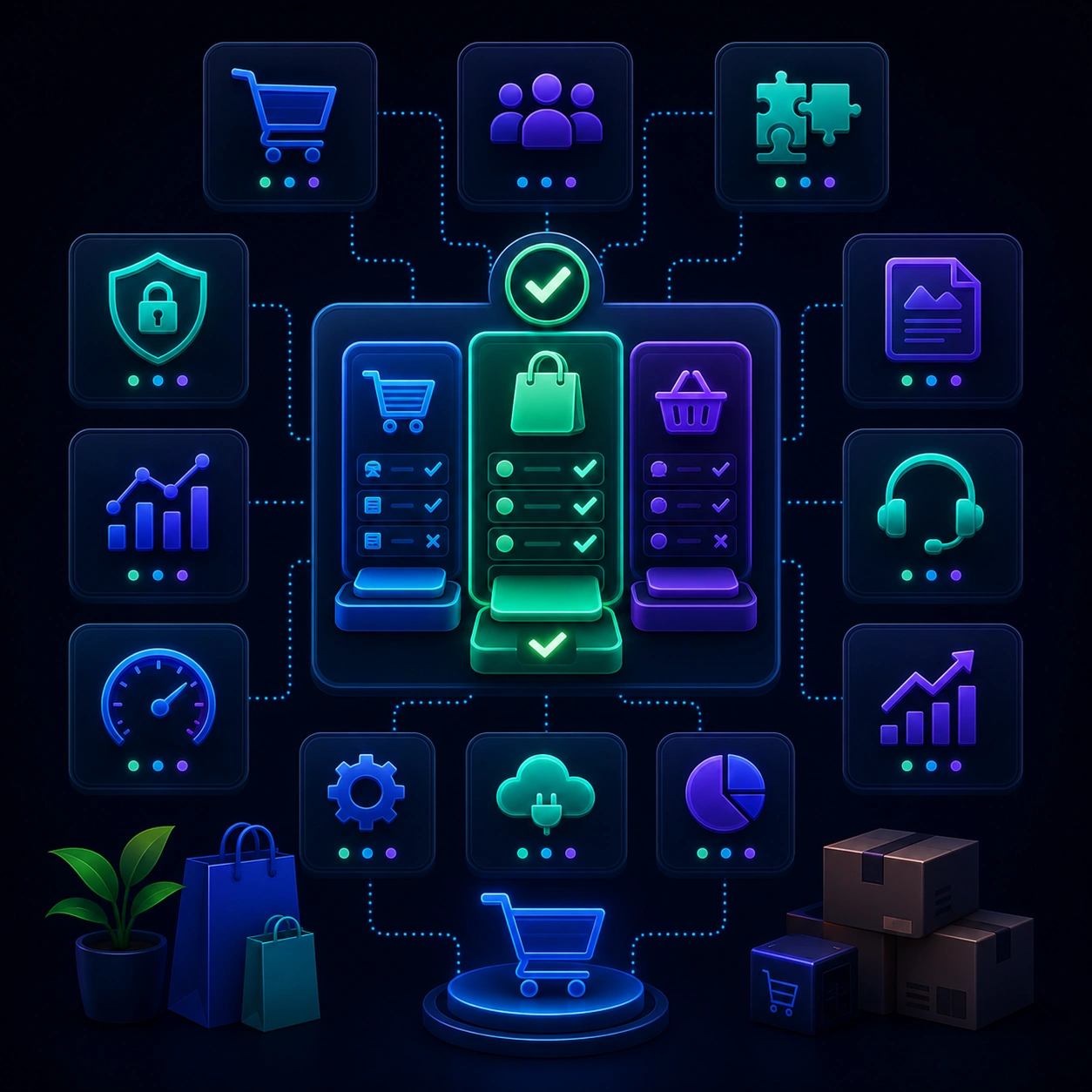 Иллюстрация выбора платформы для интернет-магазина: квадратный неоновый интерфейс со сравнением платформ, функционалом и ключевыми элементами eCommerce