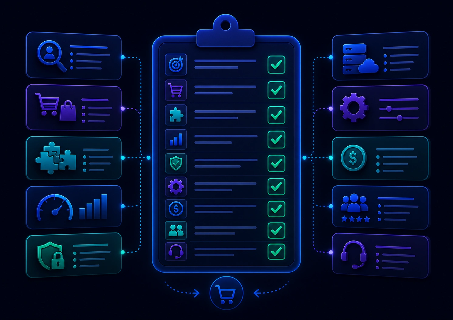 Иллюстрация выбора платформы для интернет-магазина: неоновый интерфейс со сравнением платформ, функционалом и аналитикой