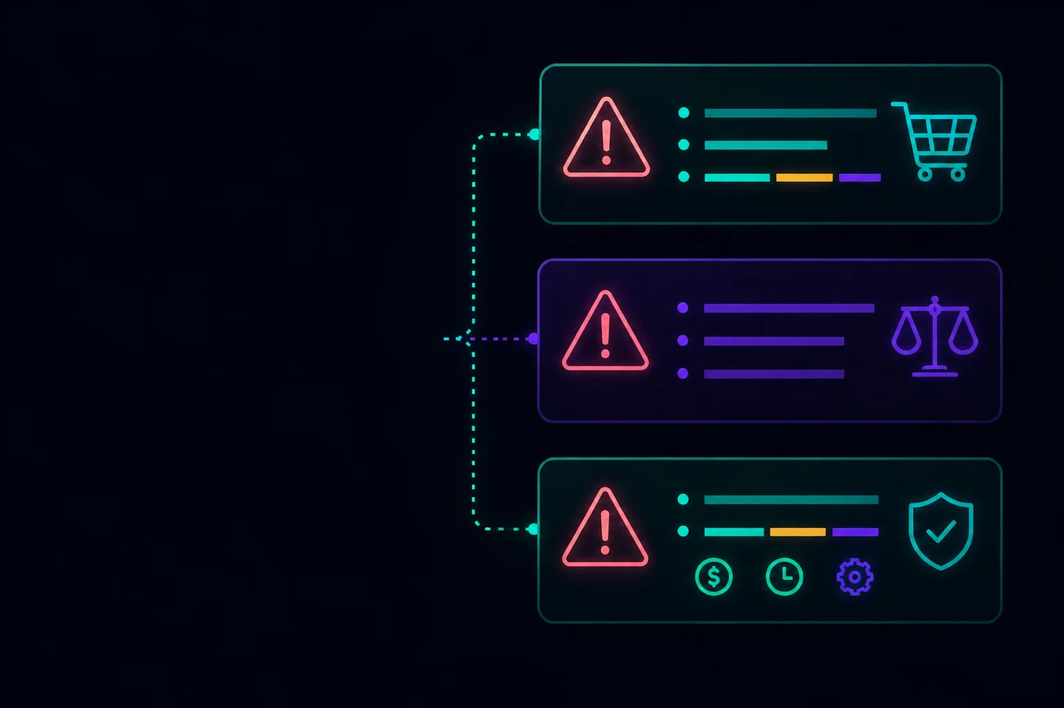 Неоновая инфографика без текста с тремя блоками ошибок интернет-магазина в тёмном стиле