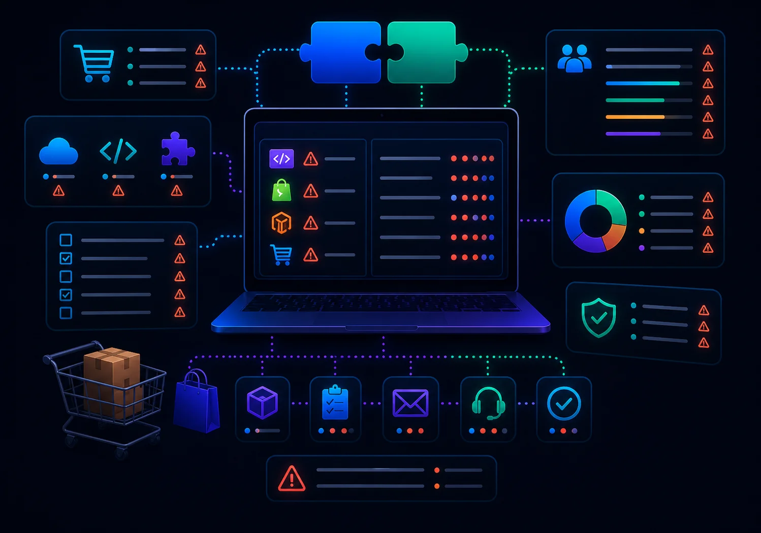 Неоновая иллюстрация без текста с ноутбуком и интерфейсом, показывающим ошибки при запуске интернет-магазина