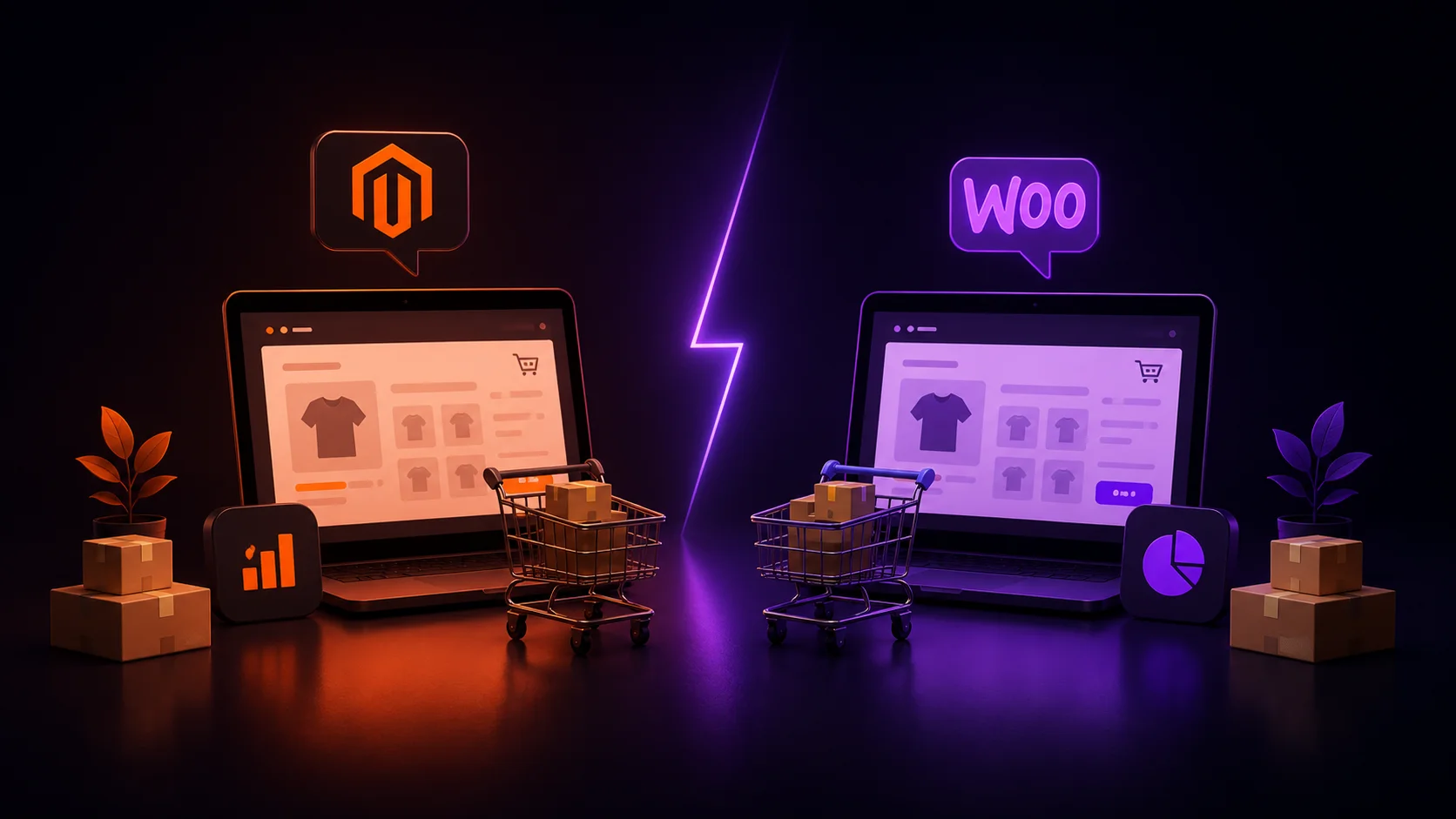 Неоновая иллюстрация сравнения Magento и WooCommerce с двумя интерфейсами интернет-магазина без текста и цифр