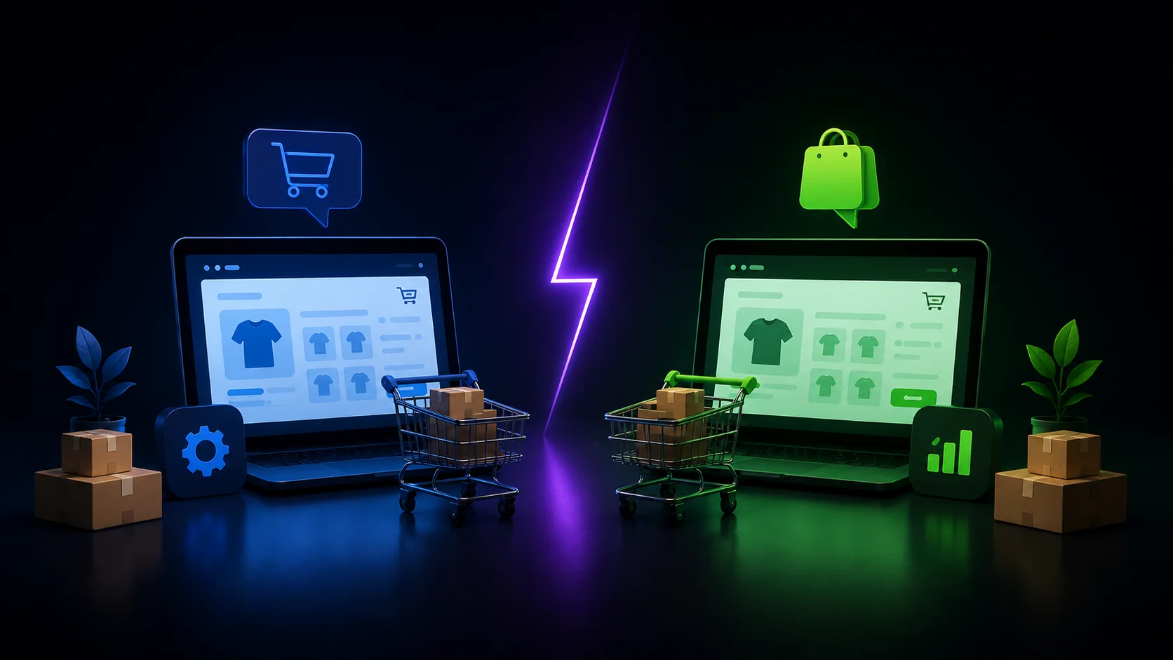 Неоновая иллюстрация сравнения OpenCart и Shopify с двумя интерфейсами интернет-магазина без текста и цифр