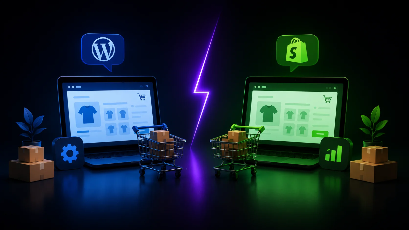 Неоновая иллюстрация сравнения WordPress и Shopify для владельцев интернет-магазинов, чтобы помочь выбрать платформу под задачи бизнеса