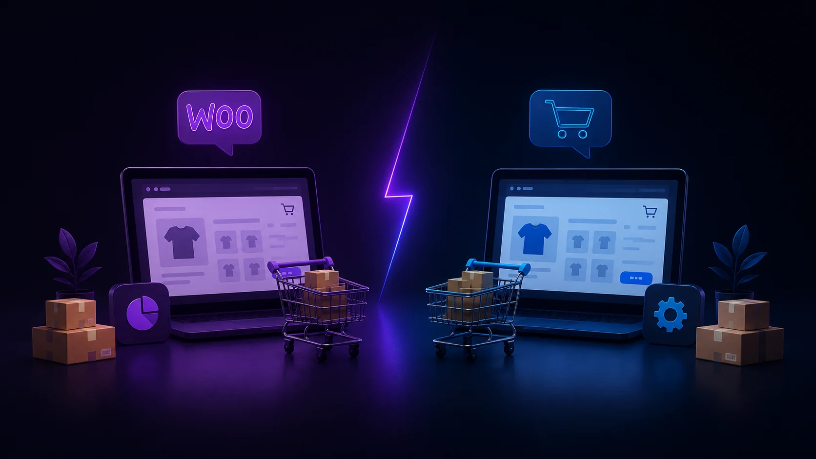 Неоновая иллюстрация сравнения WooCommerce и OpenCart с двумя интерфейсами интернет-магазина без текста и цифр